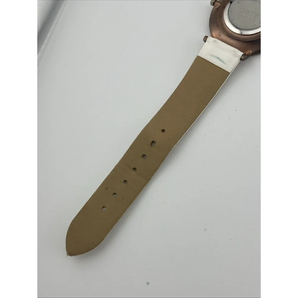 QRTZ Watch Women 36mm Brone Case White Faux Leather Band- New Battery